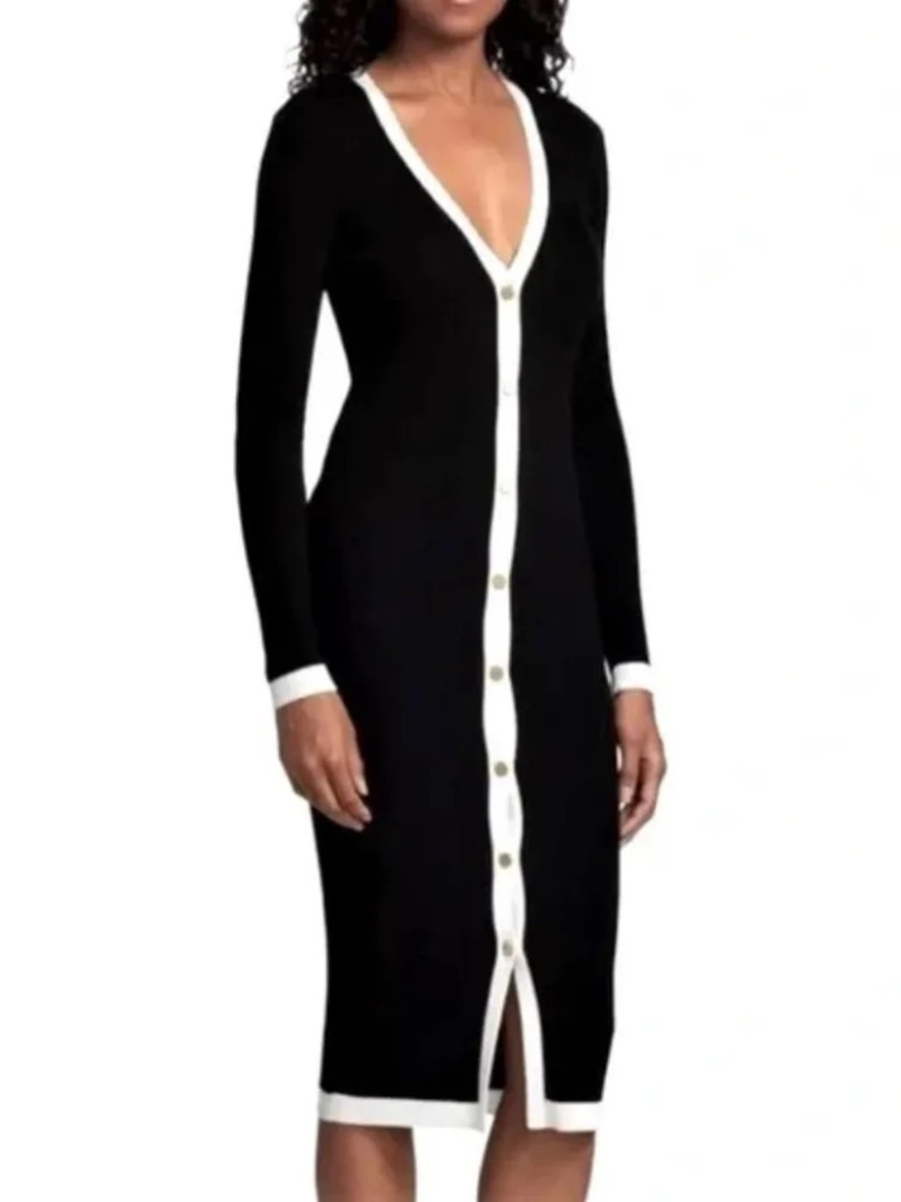 Alice + Olivia Black Long-Sleeve Button-Front Knit Dress with White Trim